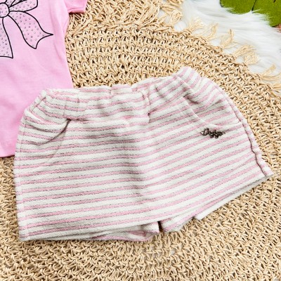 Conj. Blusa "Menina Linda" e Short Saia Listrado - Rosa